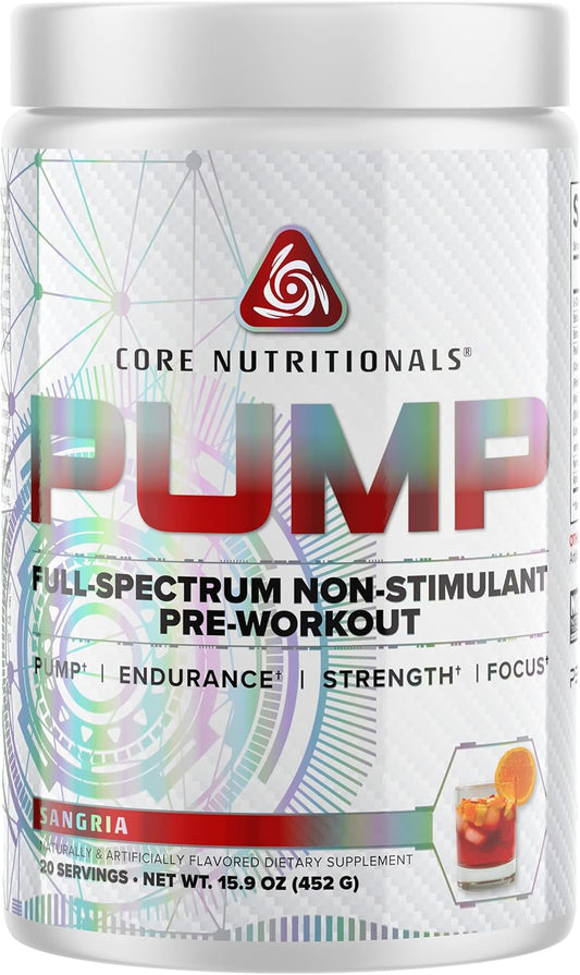 Core Nutritionals Pump Non-Stimulant Pre-Workout Supplement for Maximum Pump, Strength, and Performance - 20 Servings (Sangria)