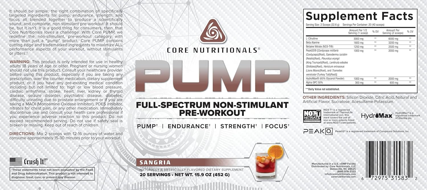 Core Nutritionals Pump Non-Stimulant Pre-Workout Supplement for Maximum Pump, Strength, and Performance - 20 Servings (Sangria)