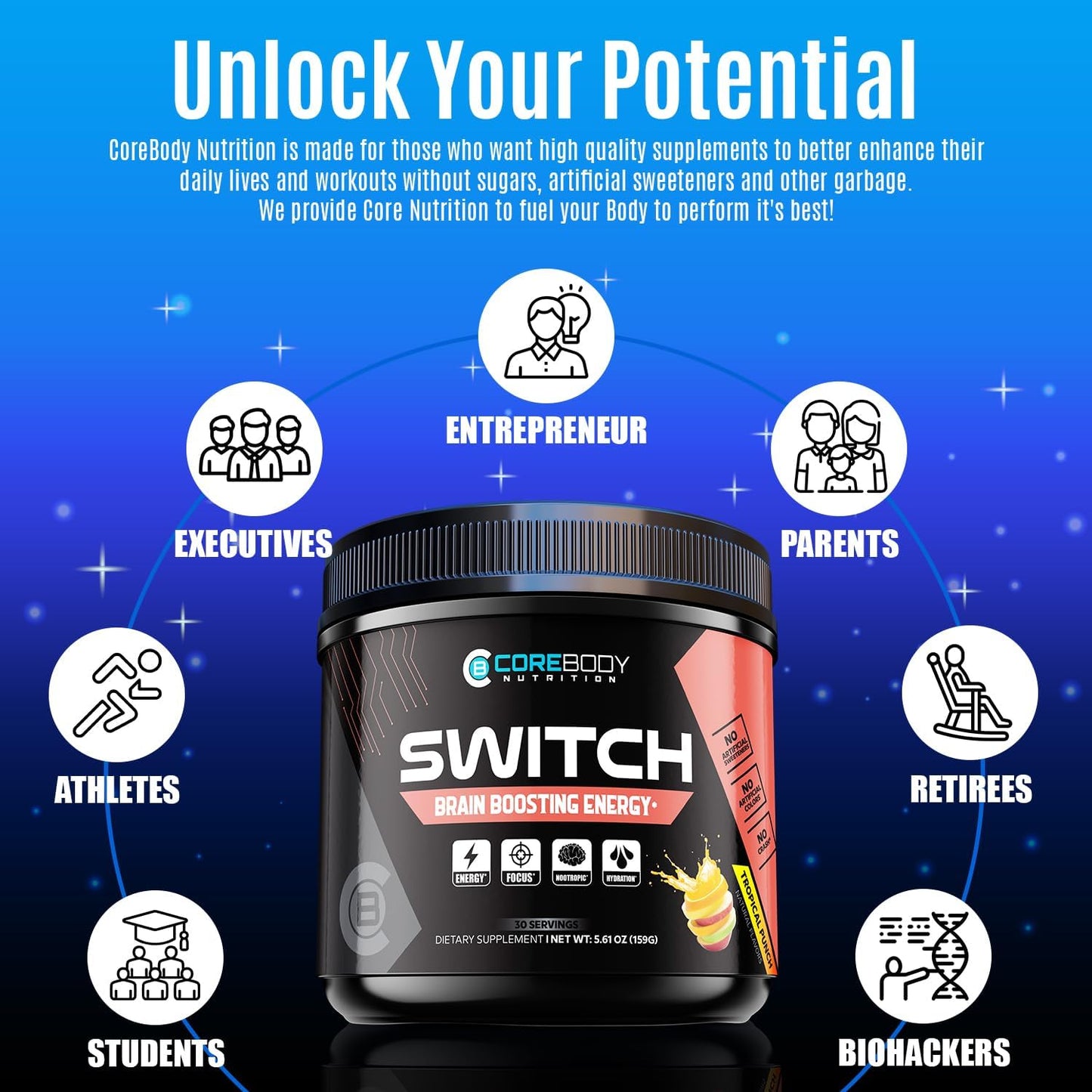 CoreBody Nutrition CoreBody Switch Energy Drink Mix - Tropical Punch Flavor - Sugar Free Energy Booster with Nootropics, Alpha GPC, All Day Energy and Focus - Memory & Focus Supplement