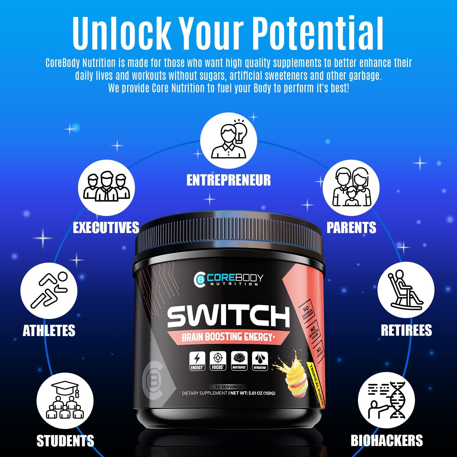 CoreBody Nutrition CoreBody Switch Energy Drink Mix - Tropical Punch Flavor - Sugar Free Energy Booster with Nootropics, Alpha GPC, All Day Energy and Focus - Memory & Focus Supplement