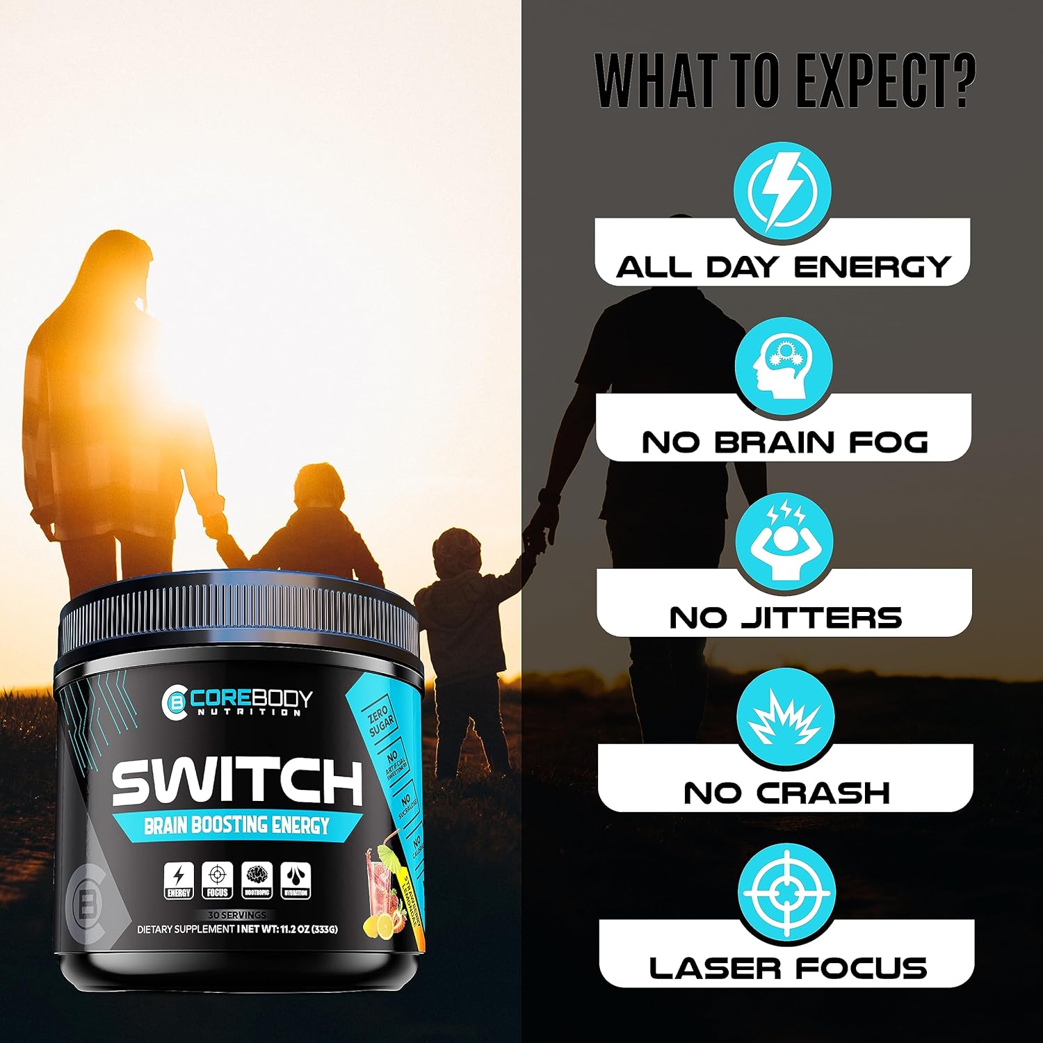 CoreBody Nutrition CoreBody Switch Energy Drink Mix - Tropical Punch Flavor - Sugar Free Energy Booster with Nootropics, Alpha GPC, All Day Energy and Focus - Memory & Focus Supplement