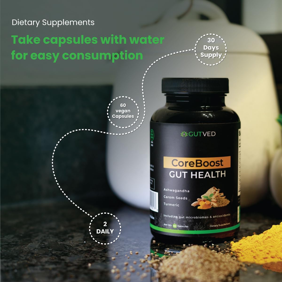 Coreboost Gut Health Supplement with Ashwagandha, Carom Seeds, Turmeric - Prebiotics, Probiotics - Digestive Health, Bloating Relief - 2 Billion CFU