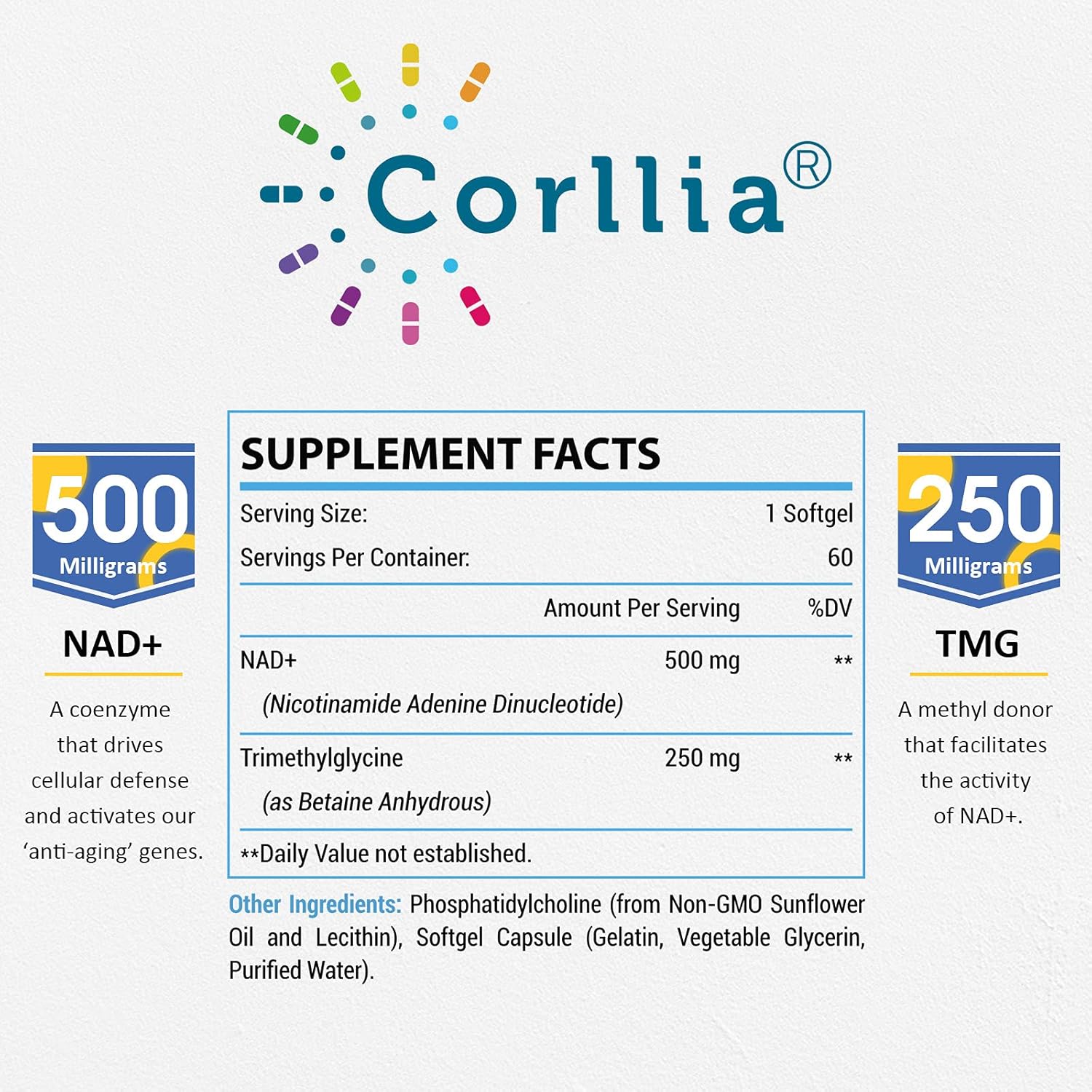 Corllia Liposomal NAD+ 500mg Softgels with TMG 250mg, Nicotinamide Riboside Substitute, Genuine NAD+ Supplement, 120 Servings