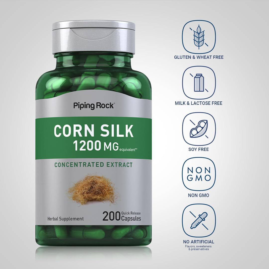 Corn Silk Extract Supplement Capsules 1200mg - 200 Count | Non-GMO, Gluten Free - Piping Rock