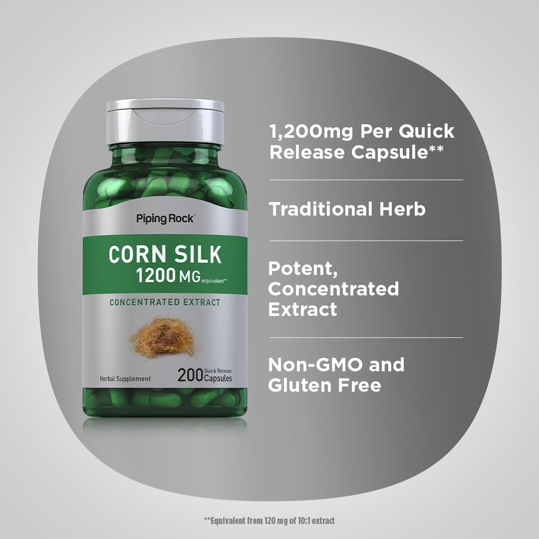 Corn Silk Extract Supplement Capsules 1200mg - 200 Count | Non-GMO, Gluten Free - Piping Rock