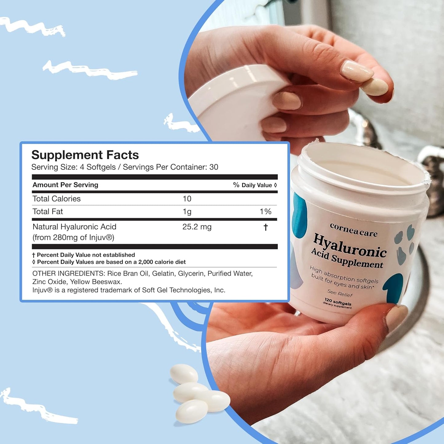 CorneaCare Hyaluronic Acid Softgels for Hydration, Anti Aging, and Eye Health - 120 Tablets