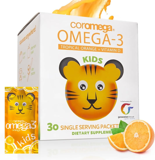 Coromega Kids Omega 3 Fish Oil Supplement, 650mg of Omega-3s, Tropical Orange + Vitamin D, 30 Single Serve Squeeze Packets