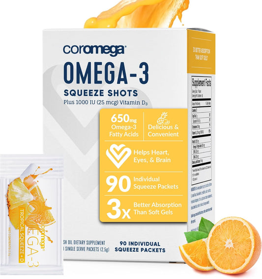 Coromega Omega-3 Fish Oil Supplement with Vitamin D3, Tropical Orange Flavor, 90 Single Serve Packets