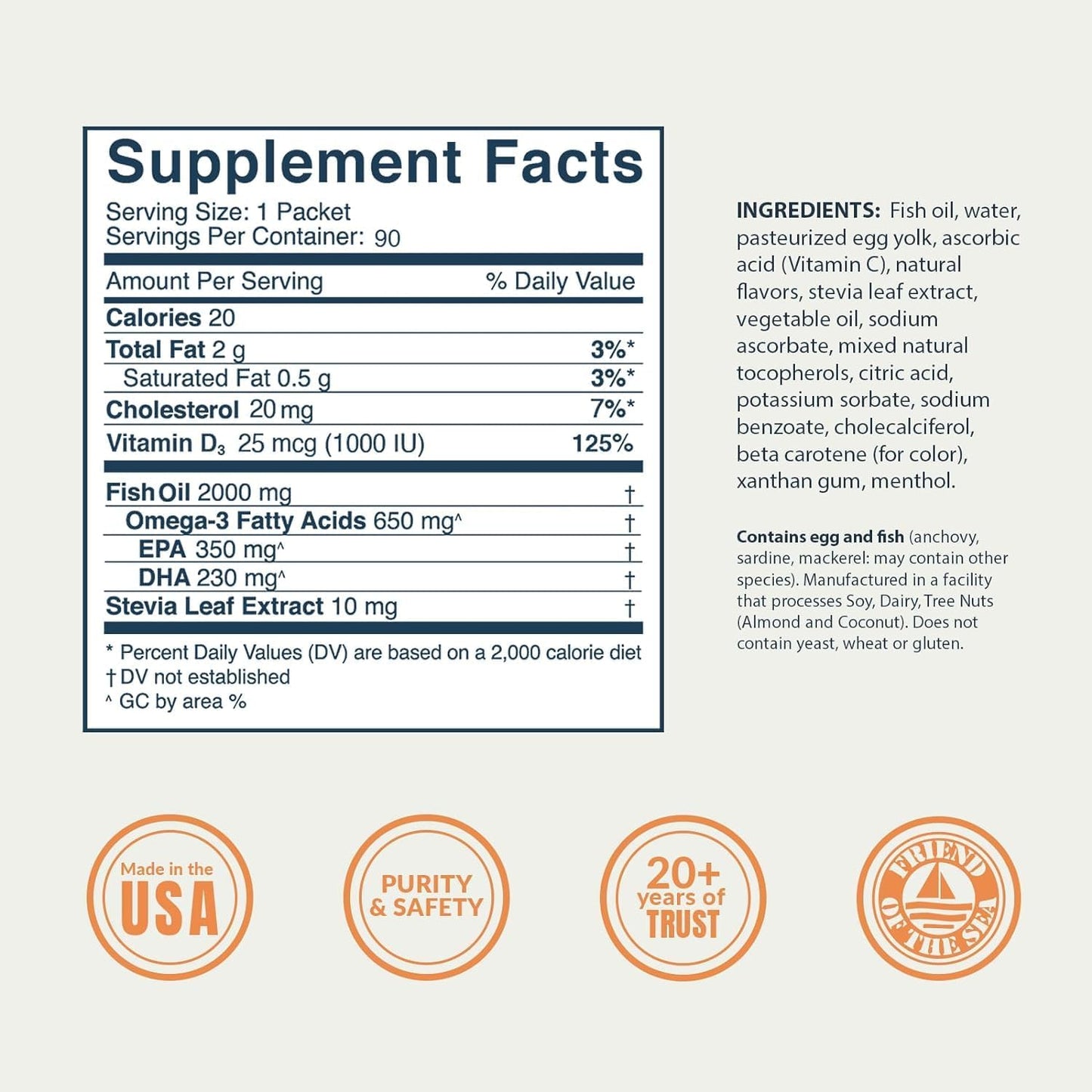 Coromega Omega-3 Fish Oil Supplement with Vitamin D3, Tropical Orange Flavor, 90 Single Serve Packets