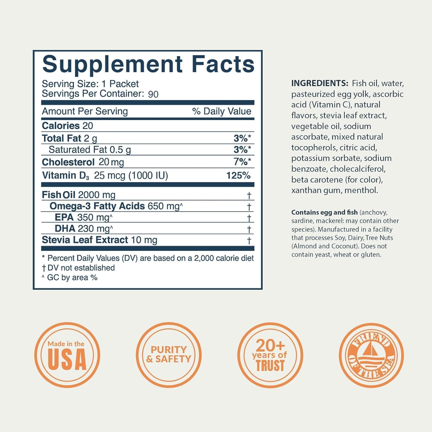 Coromega Omega-3 Fish Oil Supplement with Vitamin D3, Tropical Orange Flavor, 90 Single Serve Packets