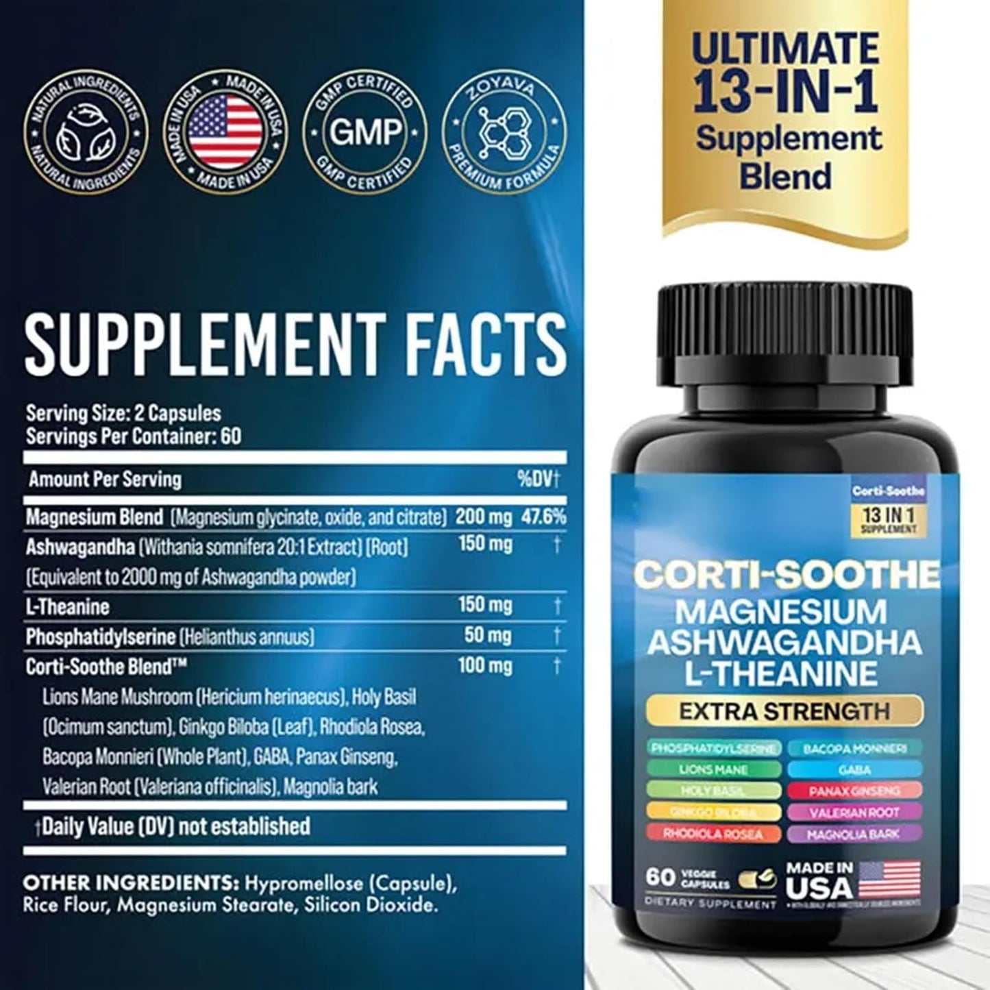 Corti-Soothe Cortisol Manager Supplement with Magnesium, Ashwagandha, and Lions Mane - 60 Capsules
