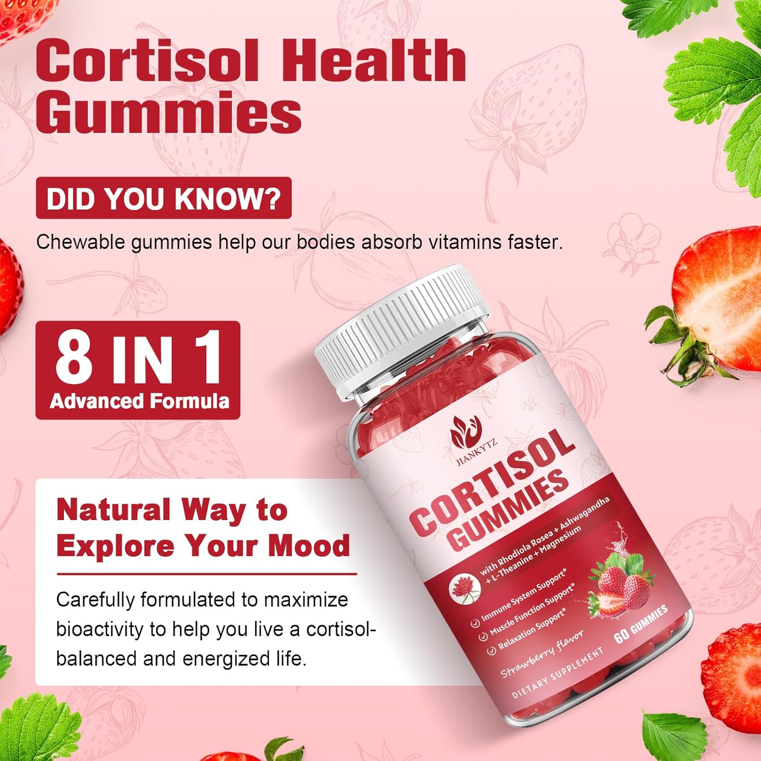 Cortisol Gummies with Ashwagandha, Rhodiola Rosea, L-Theanine, Magnesium, Vitamin D3 - Mood & Motivation Support, Sleep Aid - 60 Vegan Gummies