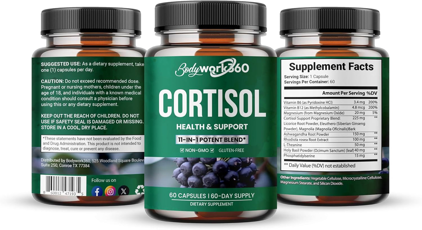Cortisol Health Support Capsules with Ashwagandha & Rhodiola - Hormone Balance, Sleep Aid, Focus - Non-GMO, Gluten Free - 60 Count