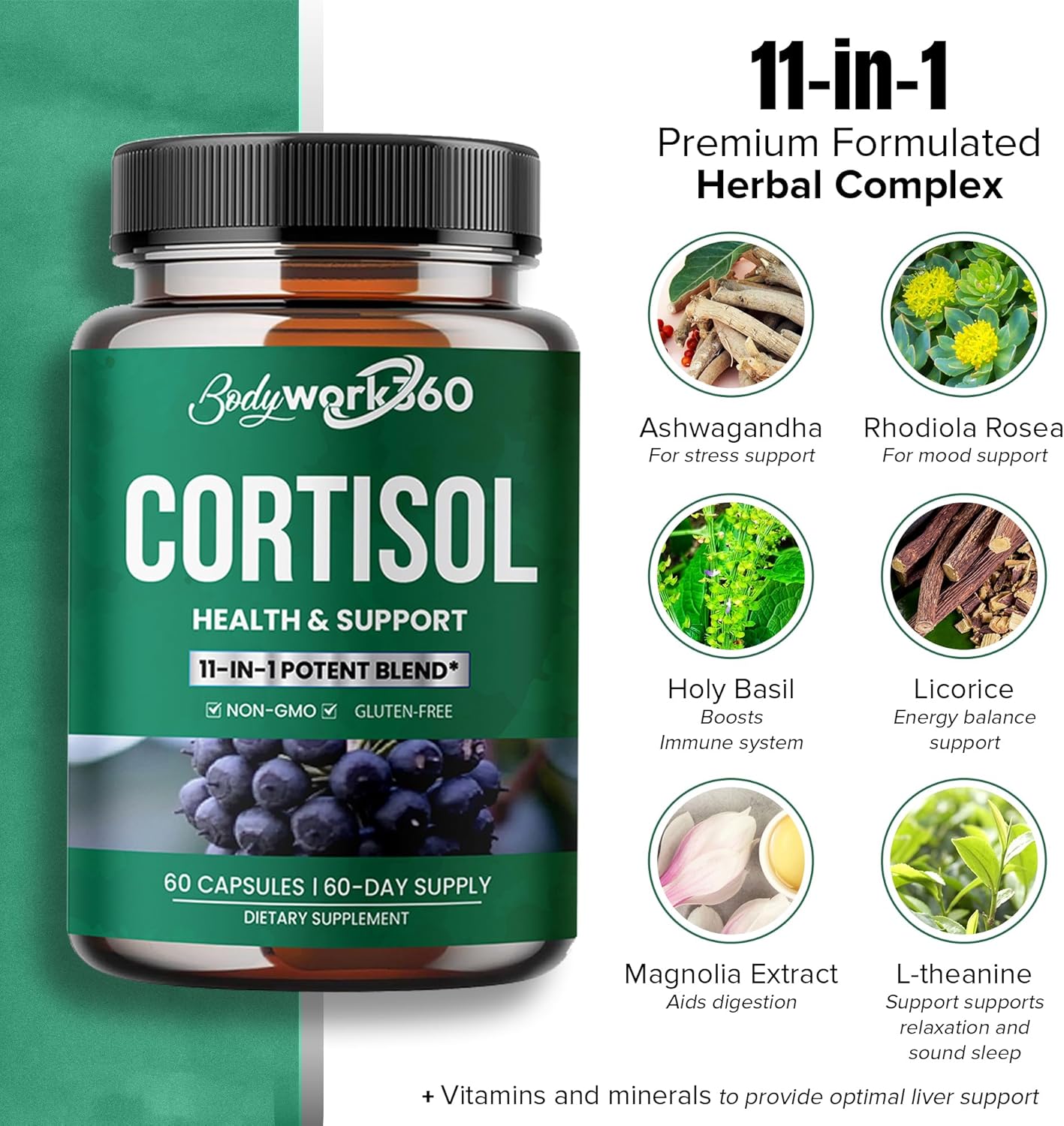 Cortisol Health Support Capsules with Ashwagandha & Rhodiola - Hormone Balance, Sleep Aid, Focus - Non-GMO, Gluten Free - 60 Count