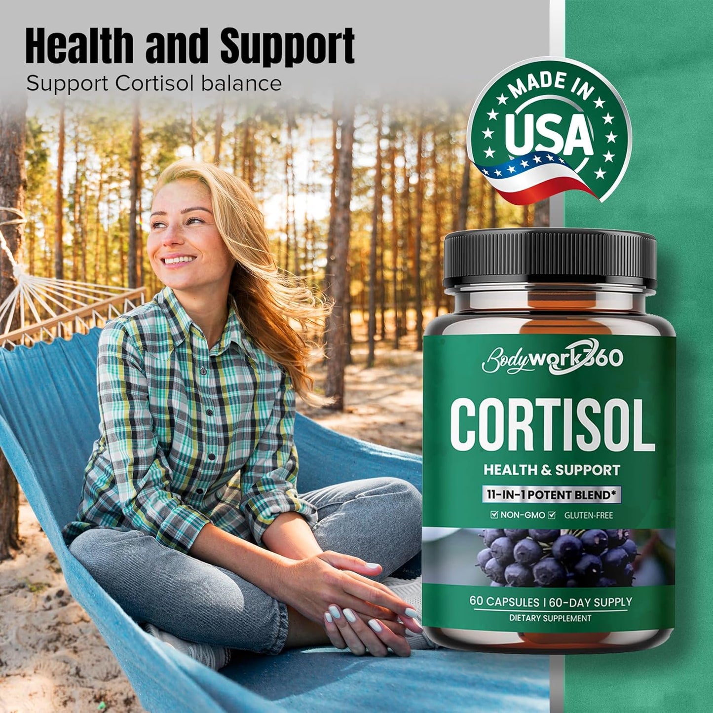 Cortisol Health Support Capsules with Ashwagandha & Rhodiola - Hormone Balance, Sleep Aid, Focus - Non-GMO, Gluten Free - 60 Count