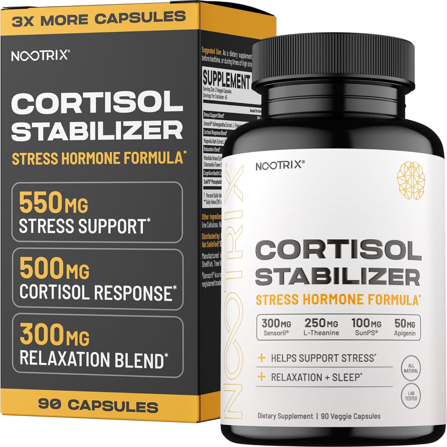 Cortisol Manager Supplement for Deep Sleep & Relaxation - 90 Vegan Capsules with Ashwagandha, L-Theanine, Rhodiola Rosea Extract & Apigenin
