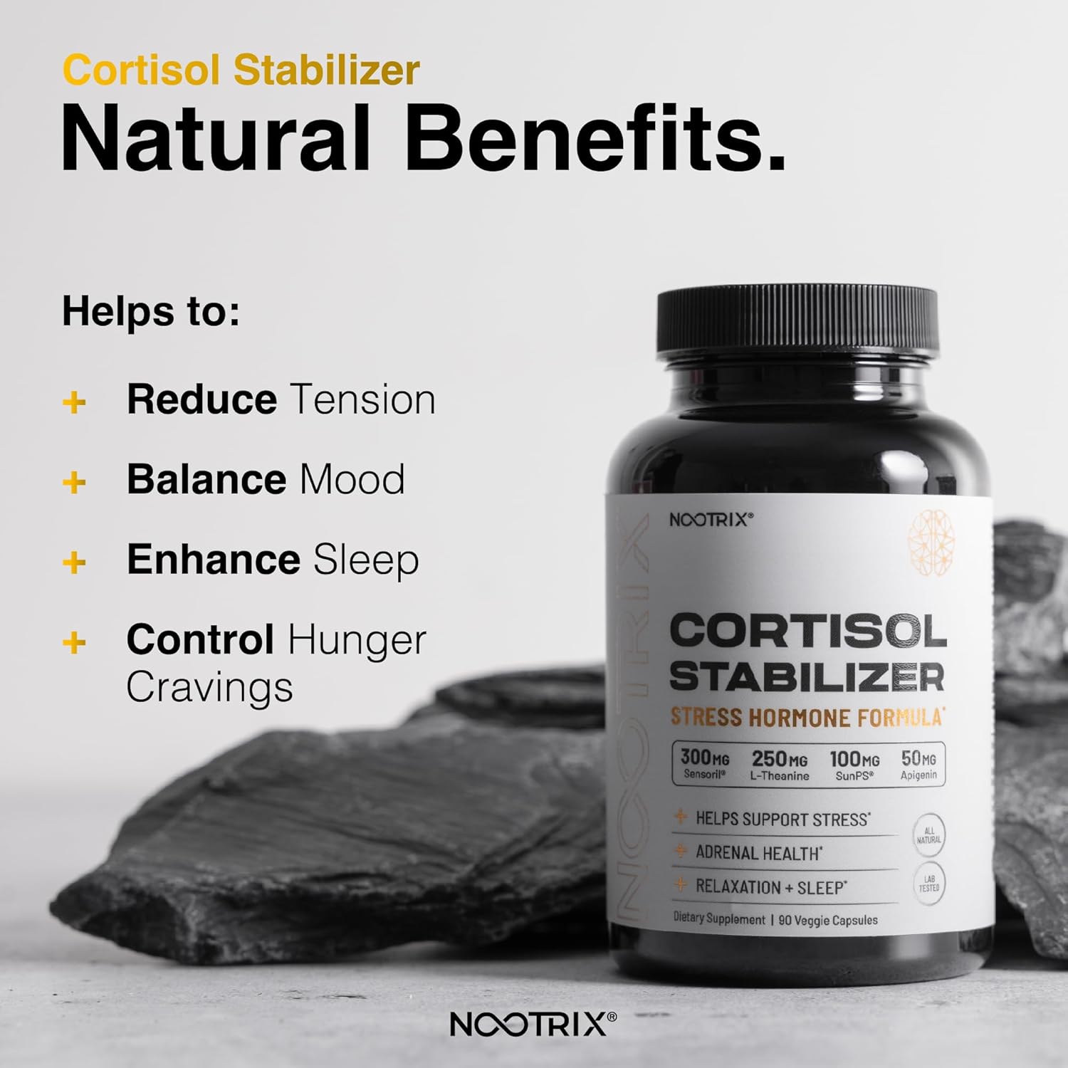 Cortisol Manager Supplement for Deep Sleep & Relaxation - 90 Vegan Capsules with Ashwagandha, L-Theanine, Rhodiola Rosea Extract & Apigenin