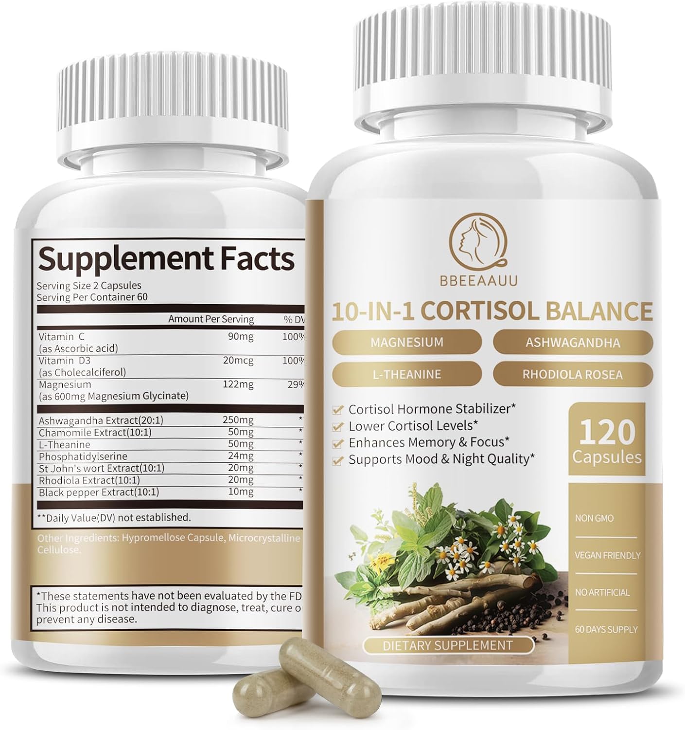 Cortisol Reducer Supplement with Magnesium Glycinate, Ashwagandha, Rhodiola Rosea, L-Theanine - 120 Capsules for Relaxation and Stress Relief