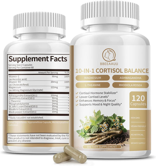 Cortisol Reducer Supplement with Magnesium Glycinate, Ashwagandha, Rhodiola Rosea, L-Theanine - 120 Capsules for Relaxation and Stress Relief