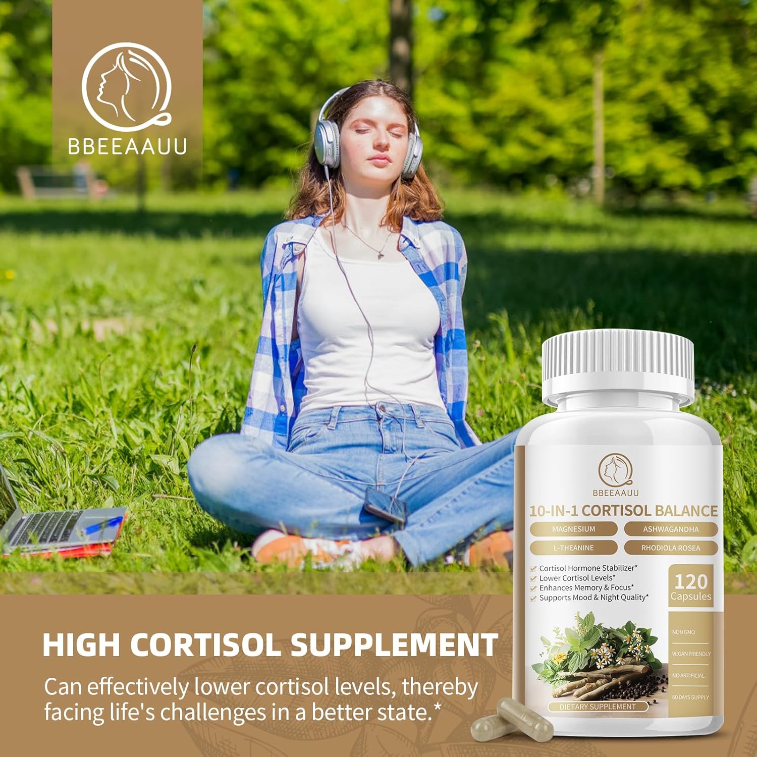 Cortisol Reducer Supplement with Magnesium Glycinate, Ashwagandha, Rhodiola Rosea, L-Theanine - 120 Capsules for Relaxation and Stress Relief