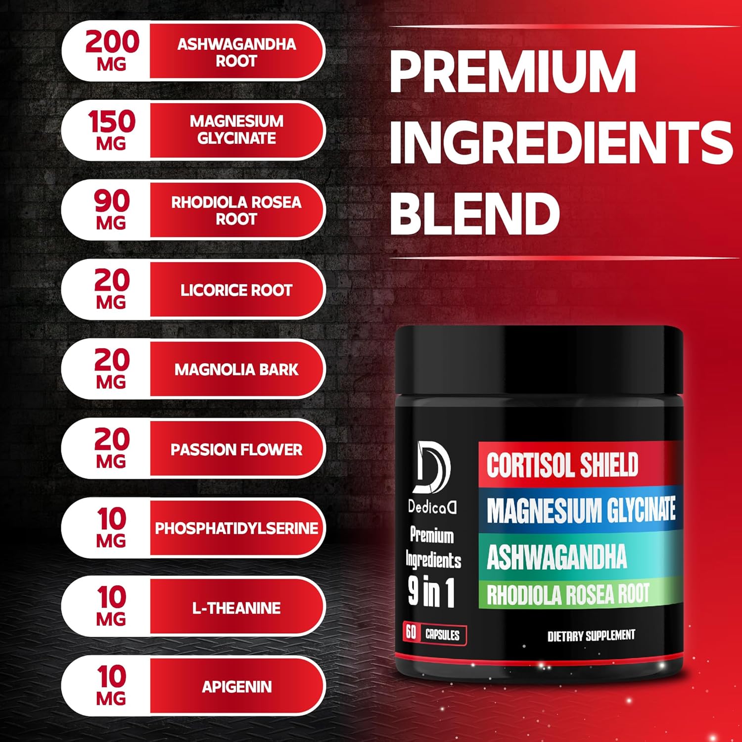 Cortisol Shield Supplement - 9in1 Formula with Magnesium Glycinate, Ashwagandha, Rhodiola, and More for Restful Sleep and Mood Balance - 60 Capsules