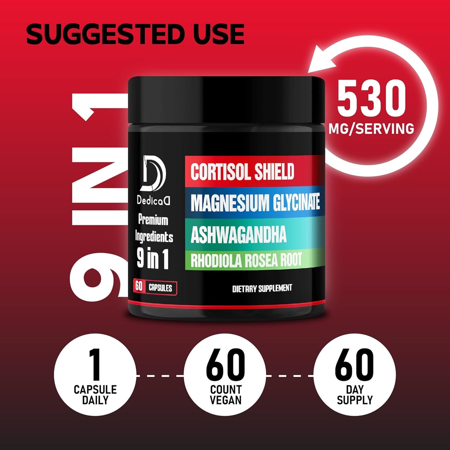 Cortisol Shield Supplement - 9in1 Formula with Magnesium Glycinate, Ashwagandha, Rhodiola, and More for Restful Sleep and Mood Balance - 60 Capsules