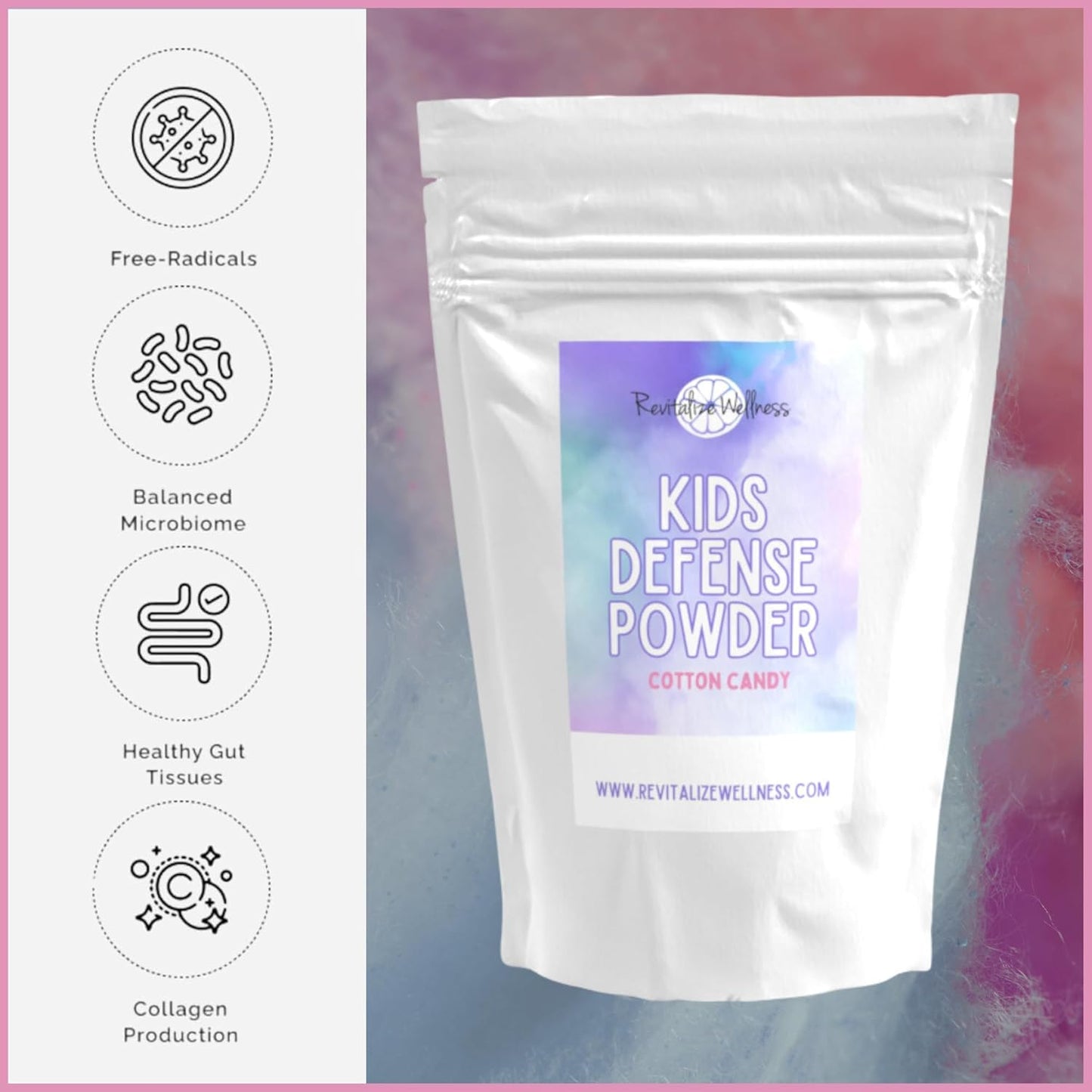 Cotton Candy Flavored Kids Defense Supplement with 1000mg Vitamin C and 250mg B3 | Pure, Corn-Free, GMO-Free | 30 Servings