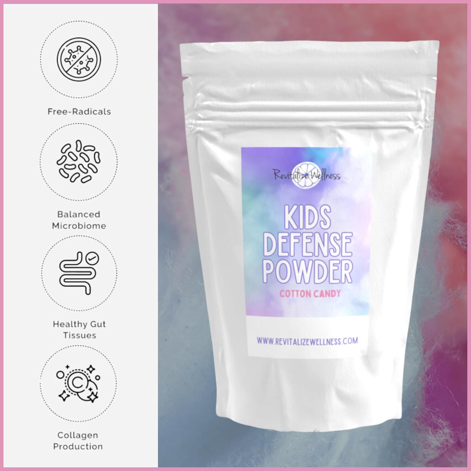 Cotton Candy Flavored Kids Defense Supplement with 1000mg Vitamin C and 250mg B3 | Pure, Corn-Free, GMO-Free | 30 Servings