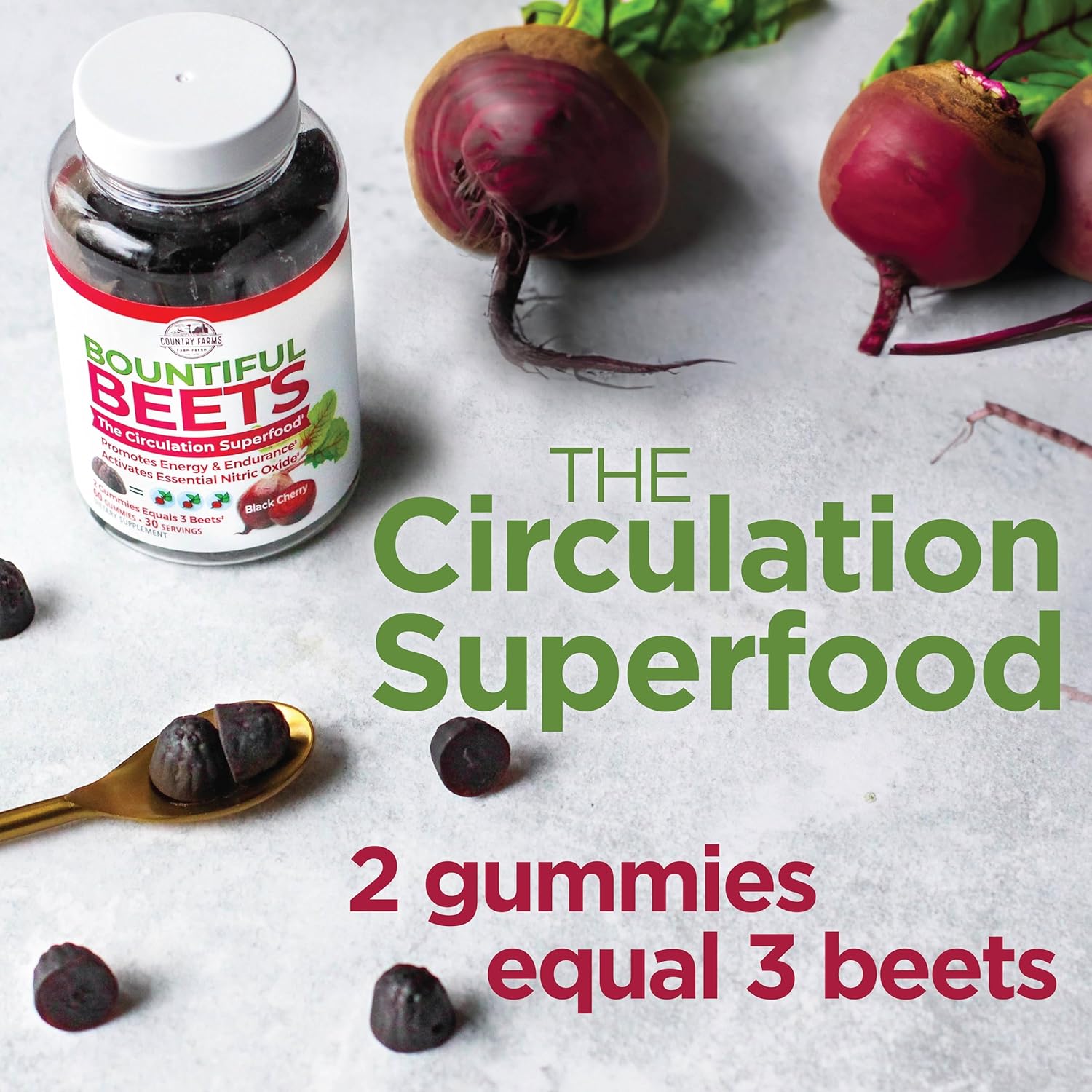 COUNTRY FARMS Bountiful Beets Gummies: Natural Energy Boost, Circulation Support, Nitric Oxide Supplement, 120 Count (2 Pack)