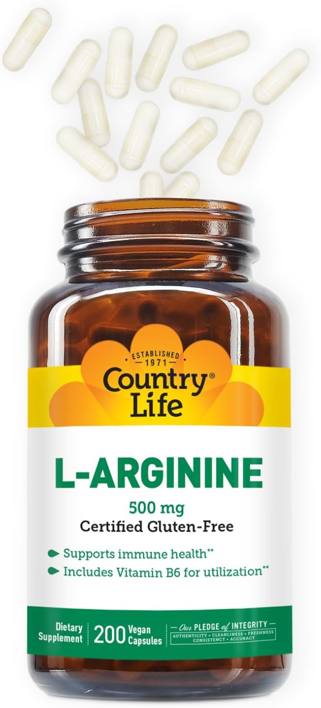 Country Life L-Arginine Capsules with Vitamin B-6 - 500mg, 200 Vegan Capsules - Gluten Free & Vegan Certified