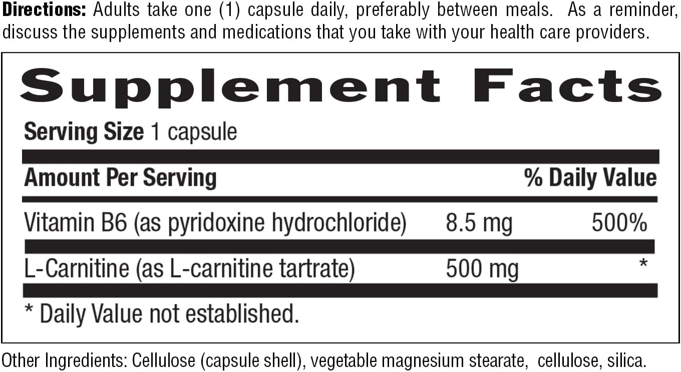 Country Life L-Carnitine Capsules 500mg with Vitamin B6 - 60 Capsules, Gluten-Free, Vegan-Friendly Energy Support