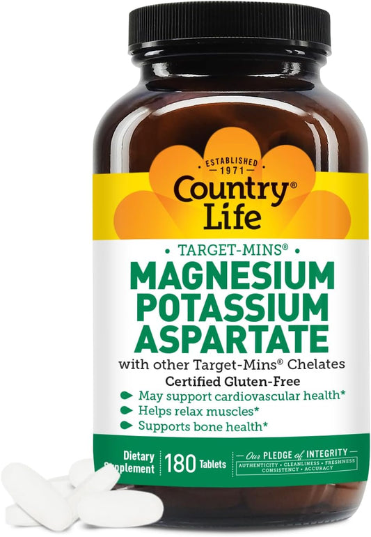 Country Life Magnesium and Potassium Supplement for Heart, Cardiovascular, Immune, and Bone Health - Gluten-Free Formula