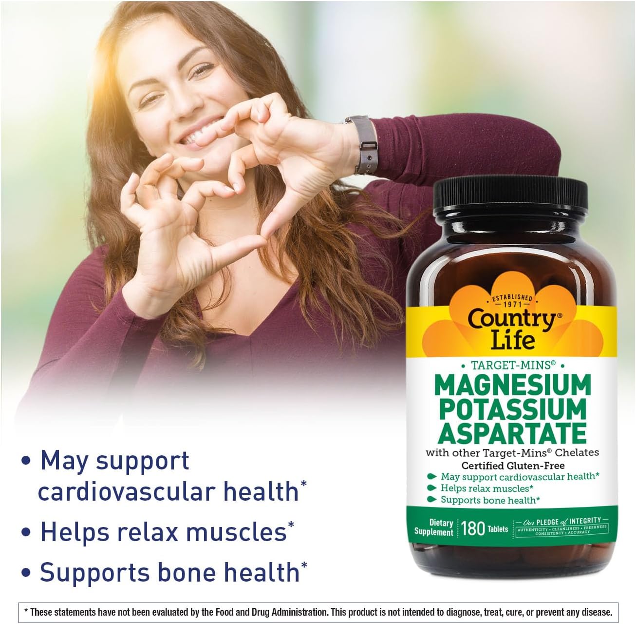 Country Life Magnesium and Potassium Supplement for Heart, Cardiovascular, Immune, and Bone Health - Gluten-Free Formula