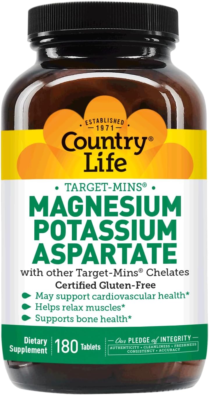 Country Life Magnesium and Potassium Supplement for Heart, Cardiovascular, Immune, and Bone Health - Gluten-Free Formula