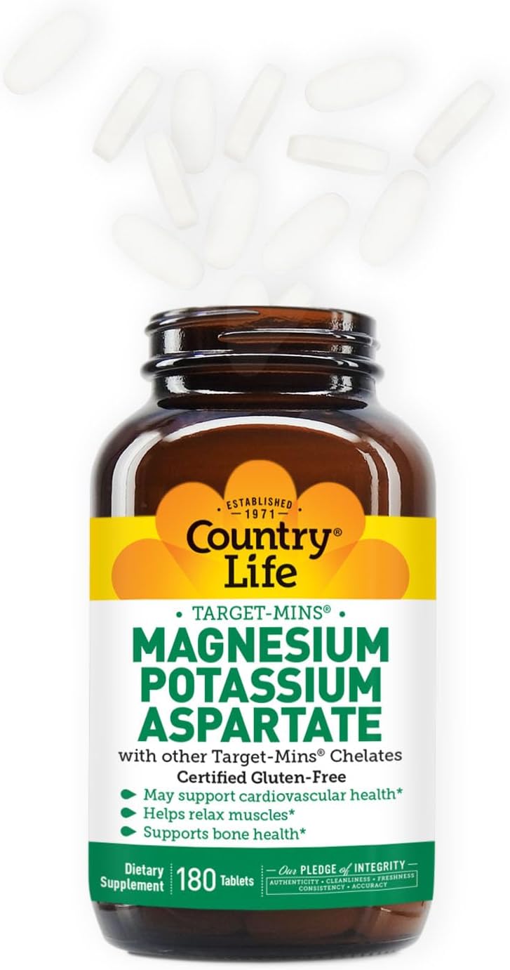 Country Life Magnesium and Potassium Supplement for Heart, Cardiovascular, Immune, and Bone Health - Gluten-Free Formula