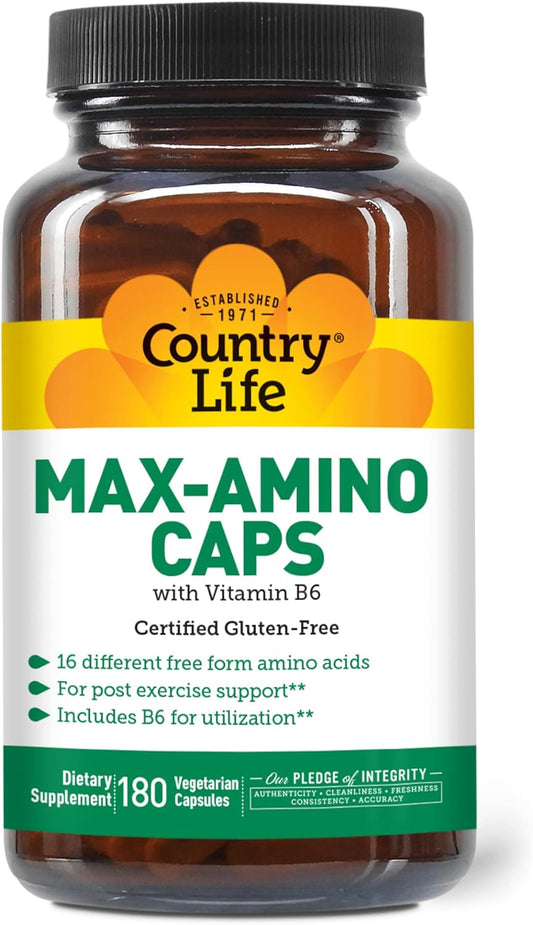 Country Life Maxi-Amino: 180 Vegetarian Capsules with 16 Free Form Amino Acids, Gluten Free & Vegetarian Certified