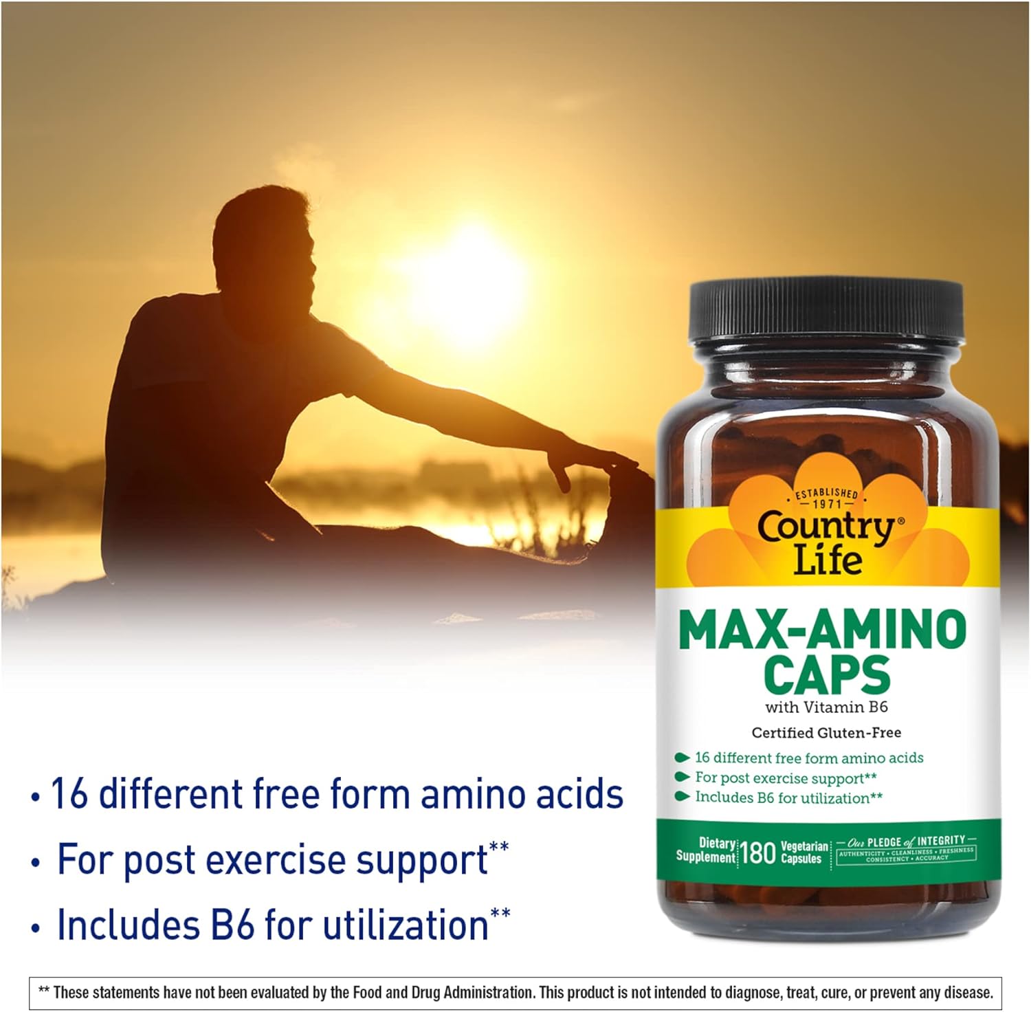 Country Life Maxi-Amino: 180 Vegetarian Capsules with 16 Free Form Amino Acids, Gluten Free & Vegetarian Certified