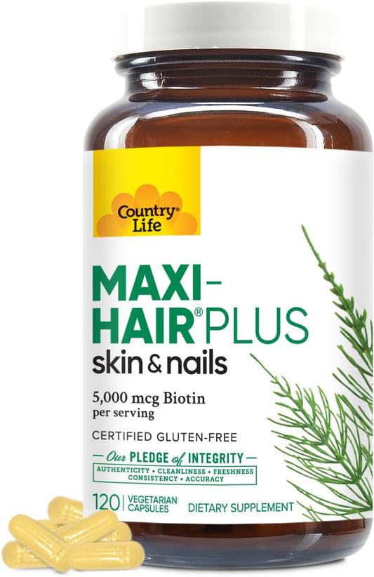 Country Life Maxi-Hair Plus Biotin Supplement for Healthy Hair, Skin, and Nails - 120 ct Bottle