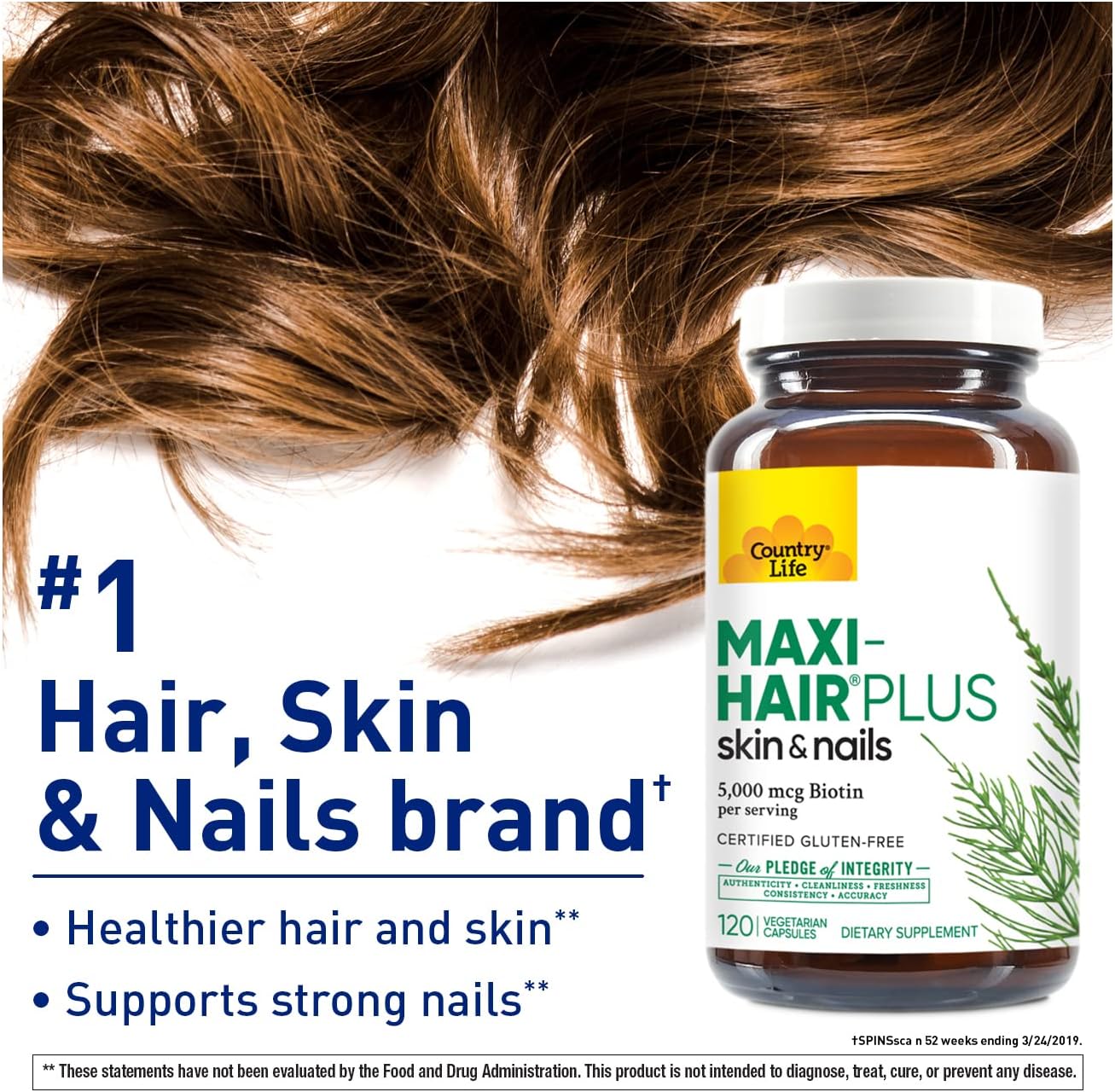Country Life Maxi-Hair Plus Biotin Supplement for Healthy Hair, Skin, and Nails - 120 ct Bottle