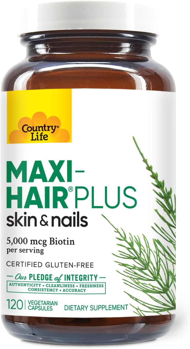 Country Life Maxi-Hair Plus Biotin Supplement for Healthy Hair, Skin, and Nails - 120 ct Bottle