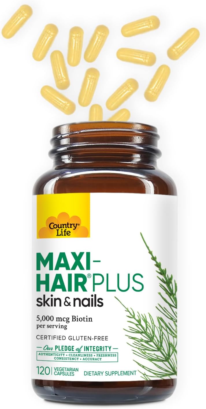 Country Life Maxi-Hair Plus Biotin Supplement for Healthy Hair, Skin, and Nails - 120 ct Bottle