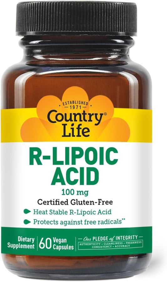 Country Life R-Lipoic Acid 100mg - 60 Vegan Capsules - Gluten Free, Vegan, Halal, Non-GMO - Certified
