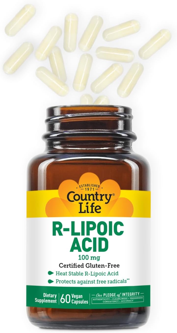 Country Life R-Lipoic Acid 100mg - 60 Vegan Capsules - Gluten Free, Vegan, Halal, Non-GMO - Certified