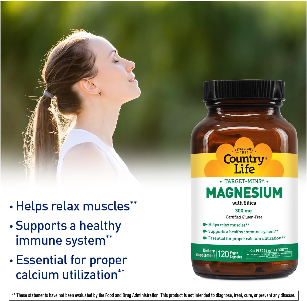 Country Life Target-Mins Magnesium with Silica 300 mg - 120 Vegan Capsules for Bone Health and Energy Support