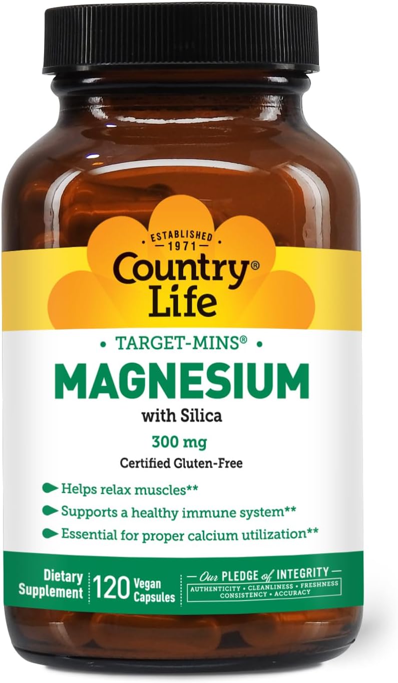 Country Life Target-Mins Magnesium with Silica 300 mg - 120 Vegan Capsules for Bone Health and Energy Support