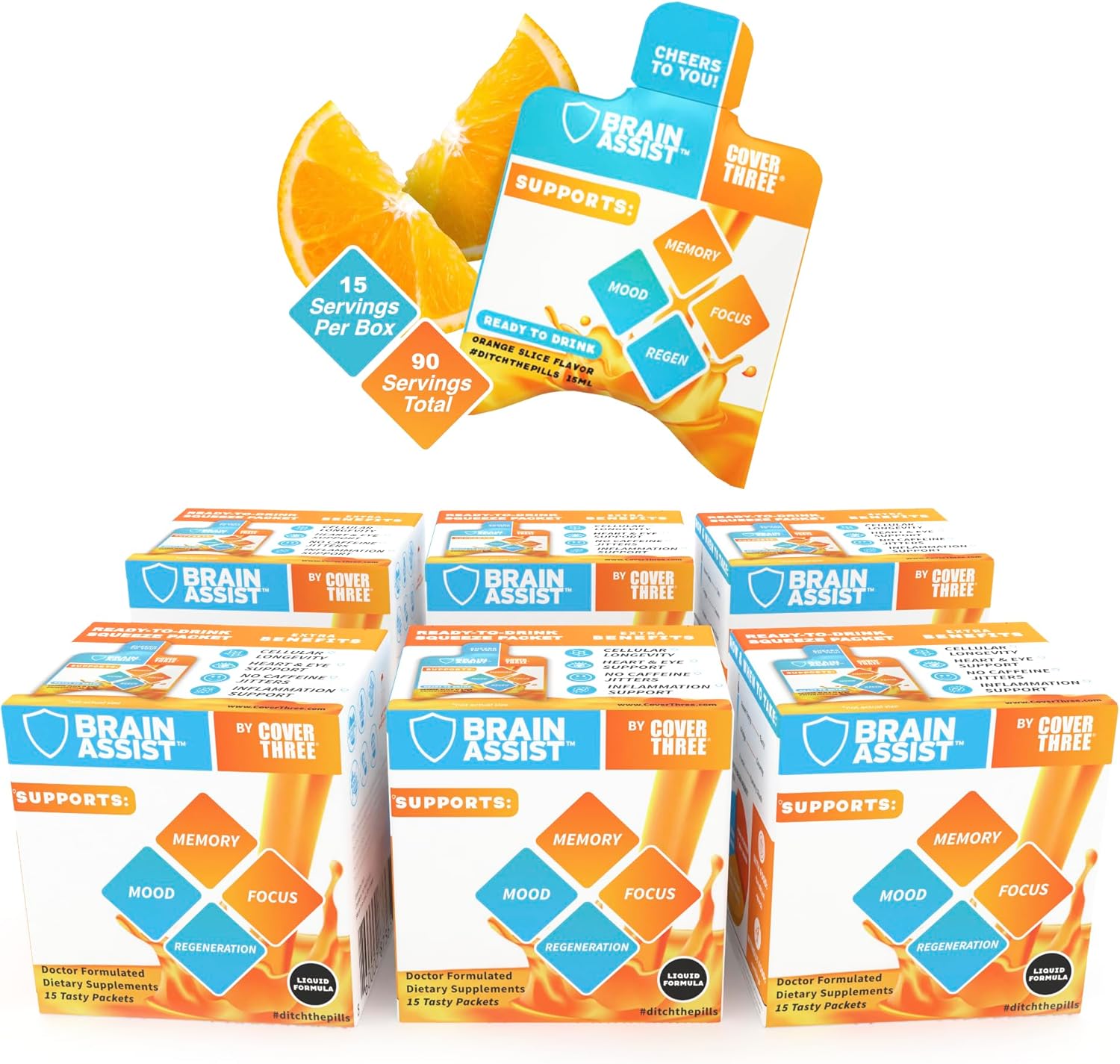 Cover Three Brain Assist: Nutritional Brain Supplement with Curcumin & Uridine, Liquid Formula for Memory & Focus (6 Boxes)