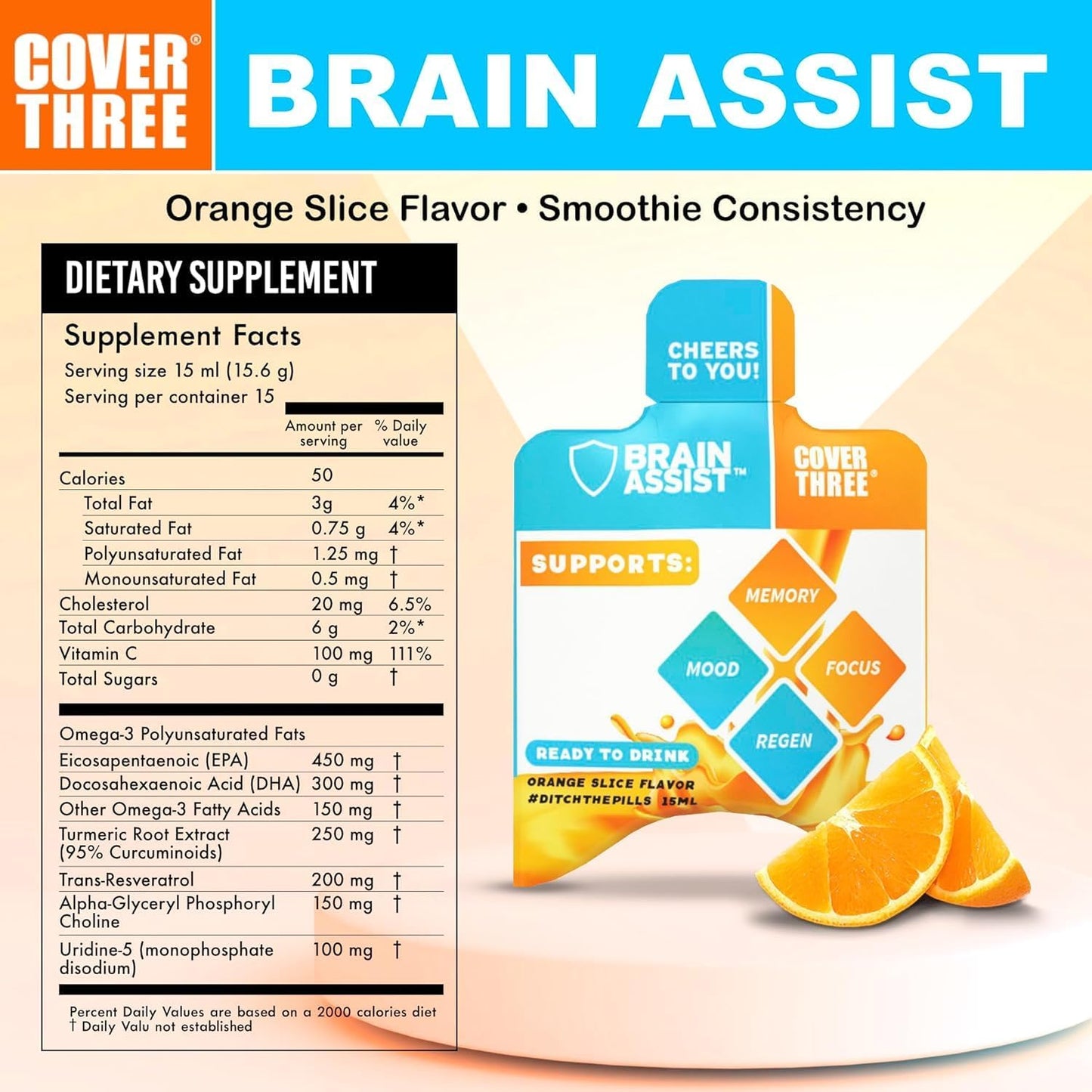 Cover Three Brain Assist: Nutritional Brain Supplement with Curcumin & Uridine, Liquid Formula for Memory & Focus (6 Boxes)