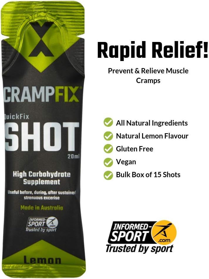 CRAMPFIX Sports Shot: Rapid Relief for Muscle Cramps, Natural Lemon Flavor, 15 Pack Sachets