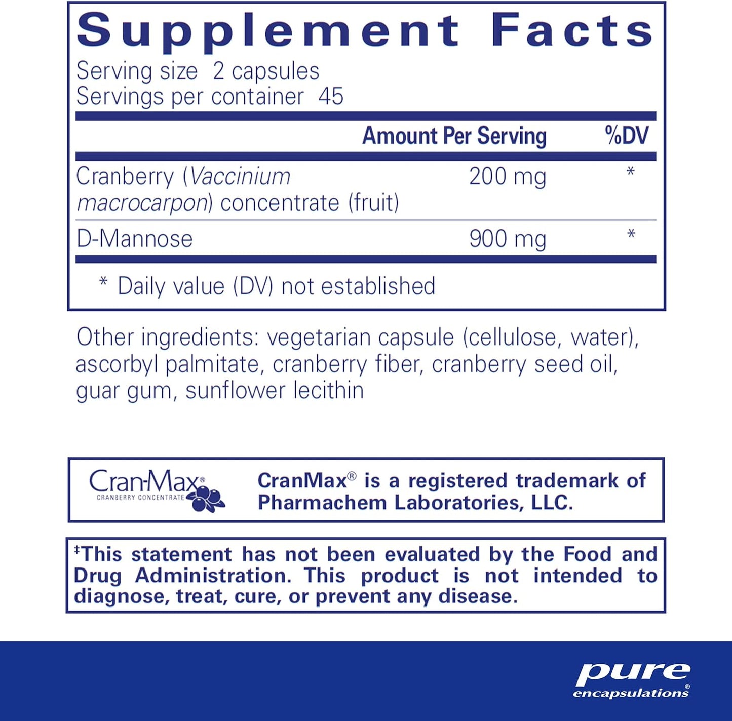 Cranberry D-Mannose Capsules - Vegan Urinary Tract Health Support - Non-GMO Supplement - 90 ct.