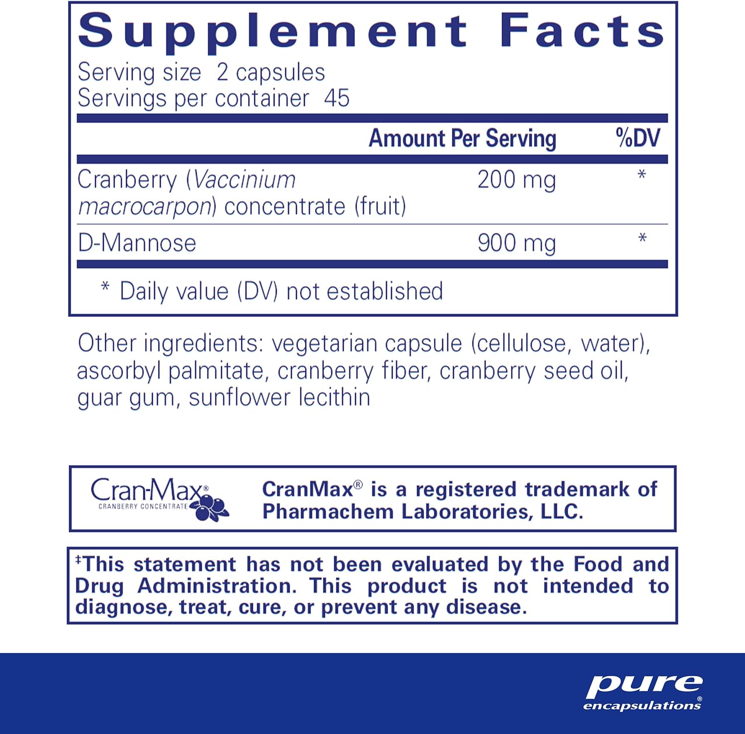 Cranberry D-Mannose Capsules - Vegan Urinary Tract Health Support - Non-GMO Supplement - 90 ct.